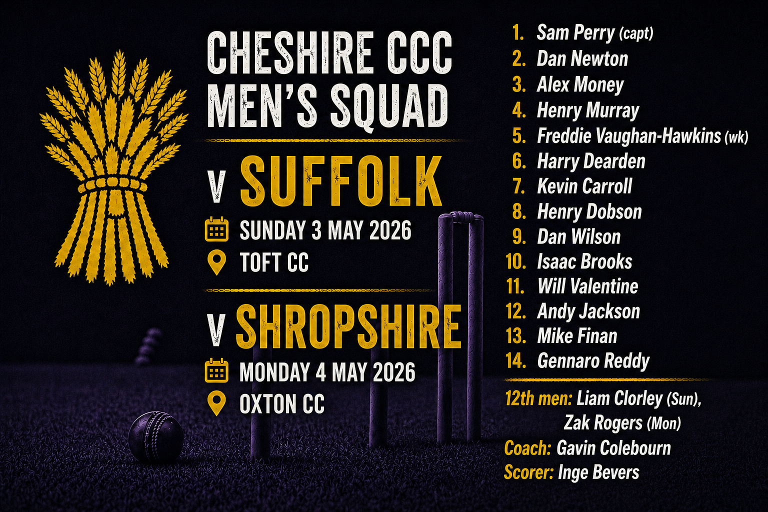 Men's squad for Bank Holiday Weekend